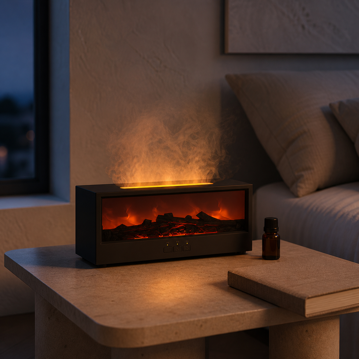 FireFuser glowing on a travertine bedside table
